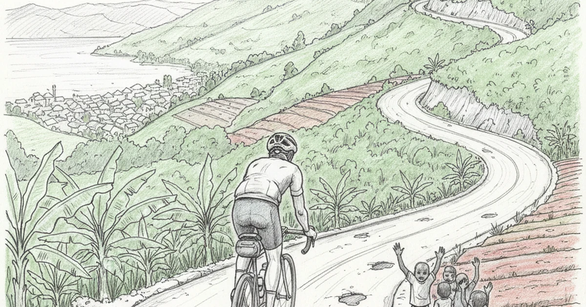 Pencil sketch of a cyclist climbing a red-dirt road into the hills of Burundi, with local children waving at the roadside