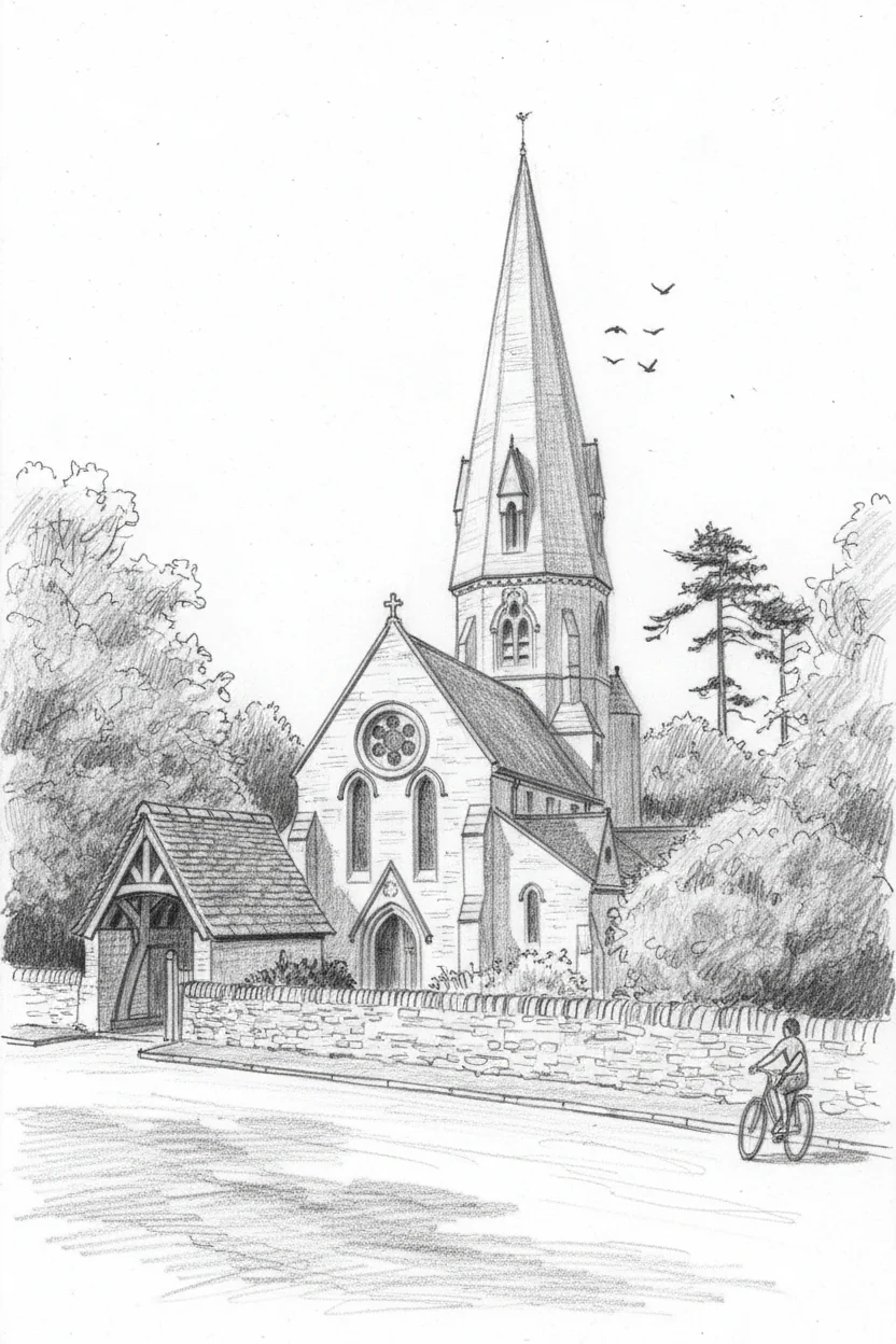 Pencil sketch of St Michael and All Angels church at Leafield, tall octagonal stone spire rising above trees, a timber lychgate in the foreground and a cyclist on the road below