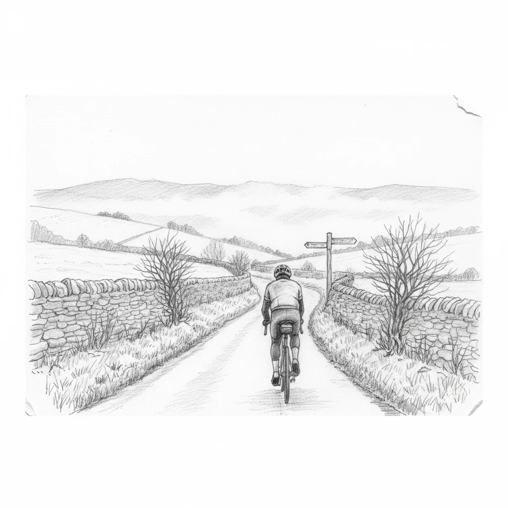 A pencil sketch of a cyclist riding away down a narrow Cotswold lane between dry stone walls on an overcast morning