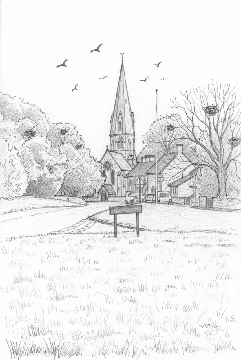 Pencil sketch of Leafield church with its slender spire, rooks circling and nesting in bare treetops, dry stone walls along the road