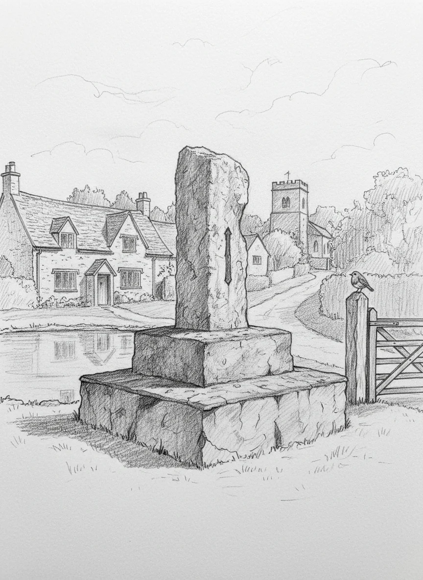 Pencil sketch of the Westwell war memorial, a rough monolith of natural limestone beside a village pond, with Cotswold cottages and a church tower behind