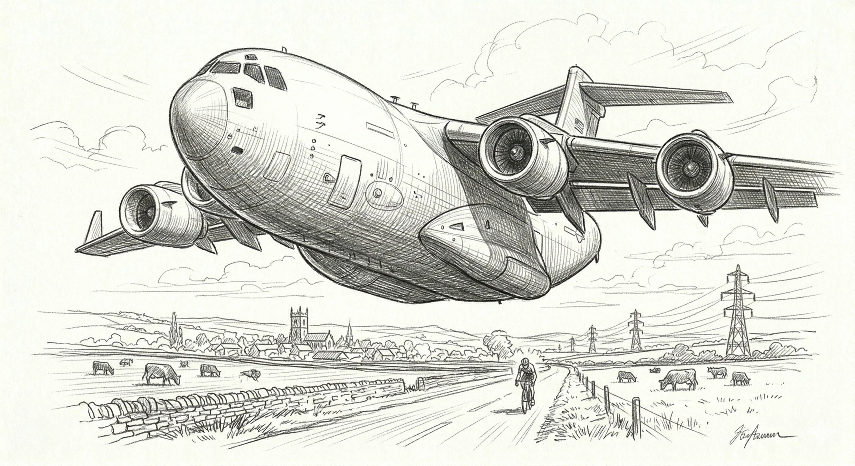 Pencil sketch of a C-17 Globemaster military transport aircraft flying low over flat farmland with cattle, pylons, and a lone cyclist