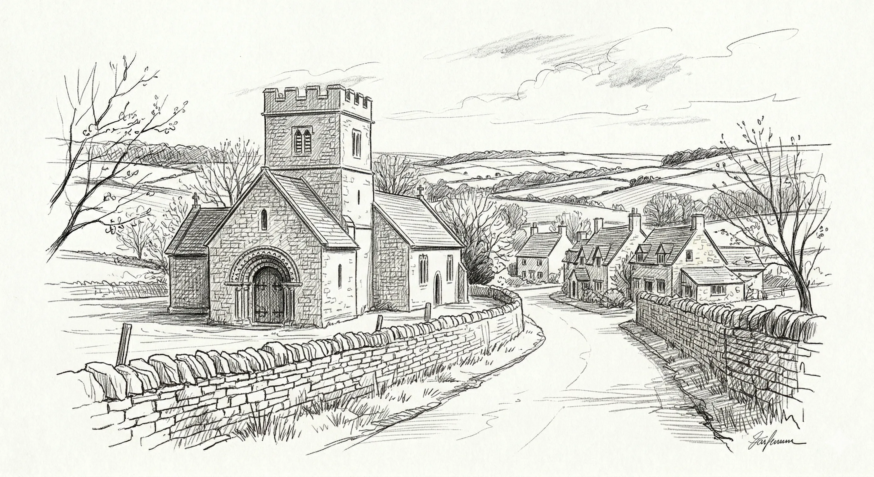 Pencil sketch of a small Norman church with battlemented tower beside a narrow lane, dry stone walls and Cotswold cottages