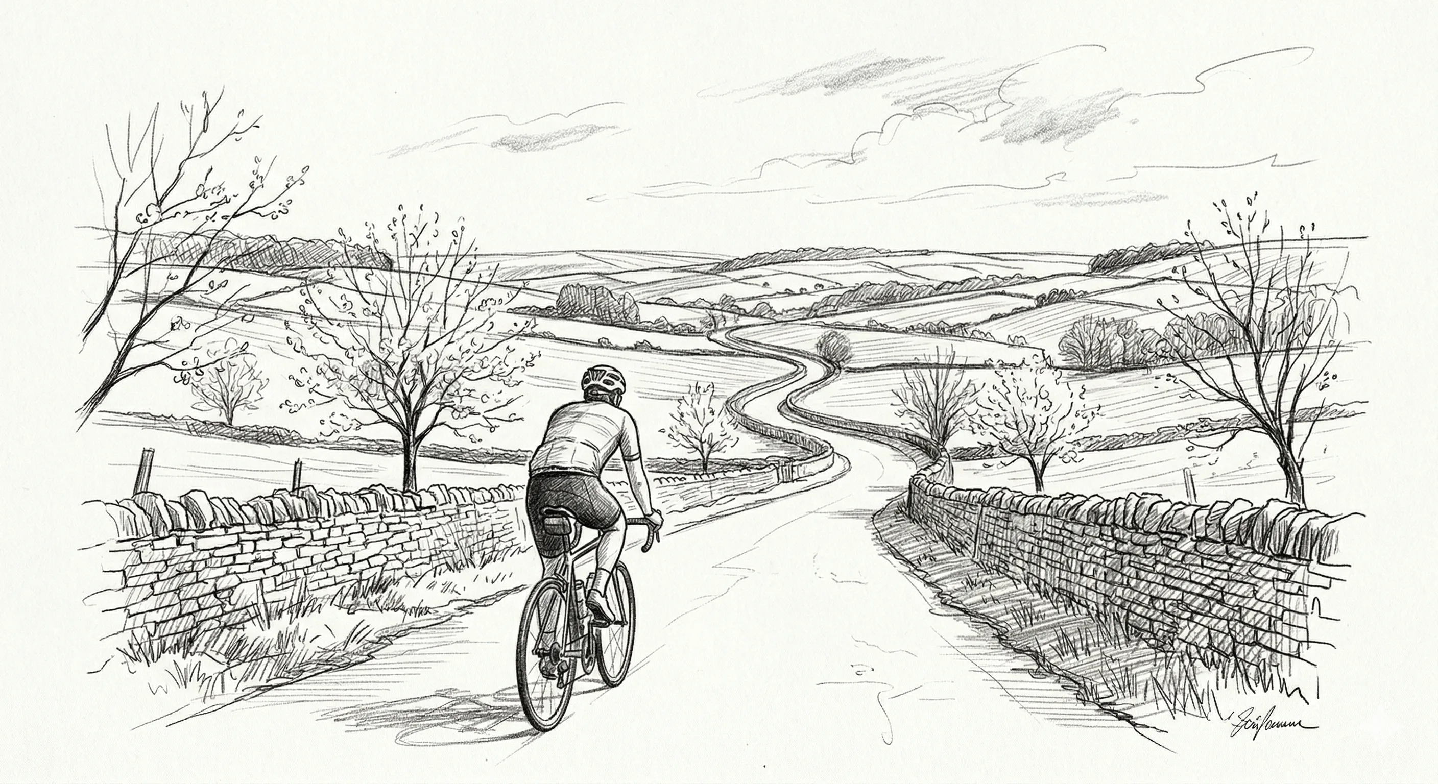 A pencil sketch of a cyclist riding away down a narrow Cotswold lane between dry stone walls, rolling hills stretching to the horizon