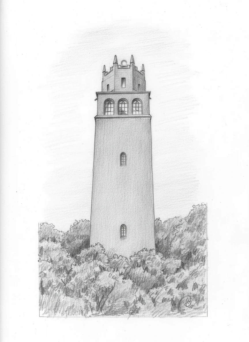 Pencil sketch of Faringdon Folly tower on its hill, a brick tower with an unusual Gothic top, with the squat-towered All Saints church in front of it and a Saint George flag flying