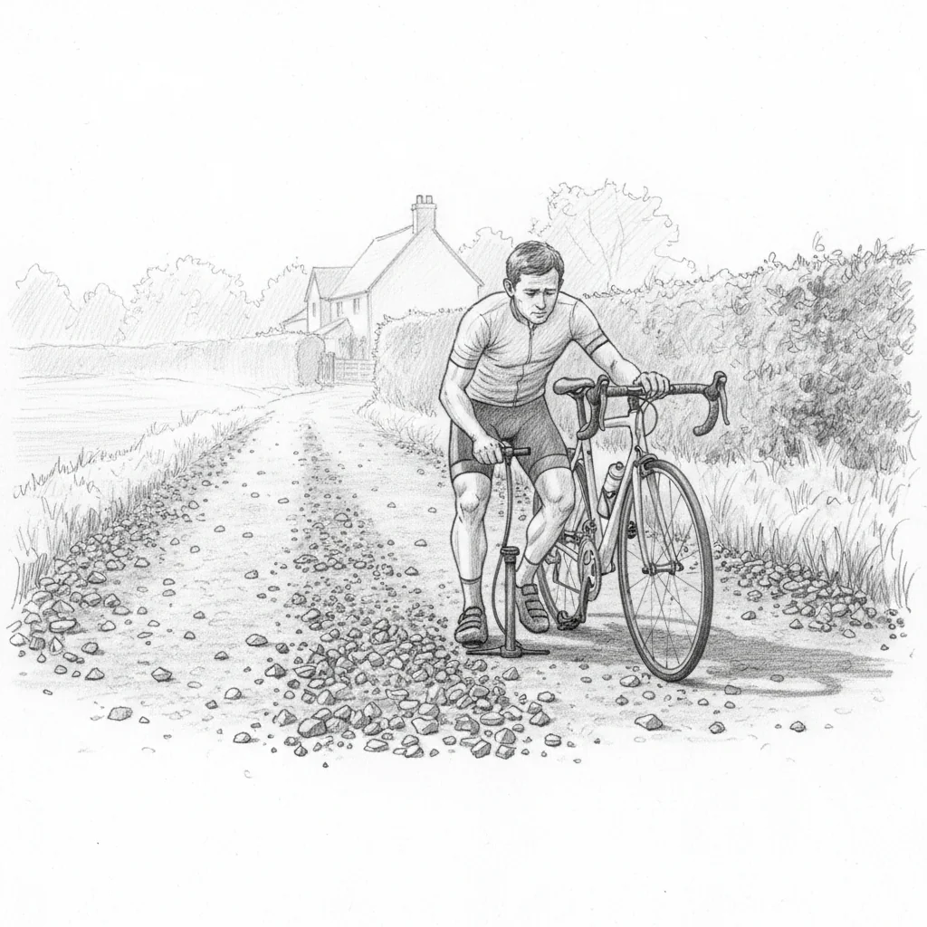 A pencil sketch of a lone cyclist crouched over a flat tyre on a freshly resurfaced lane in Curbridge, granite chippings scattered on the road, a low haze in the morning sky